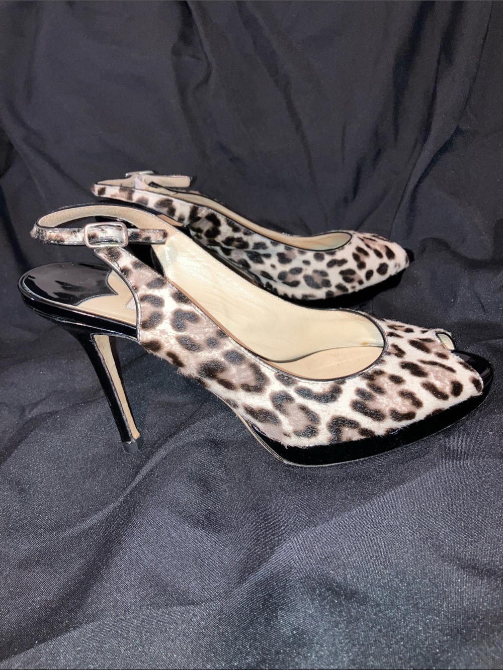 Jimmy Choo Leopard Print Calf Hair Real Fur Nova Peep-Toe Slingback Heels - Picture 6 of 10